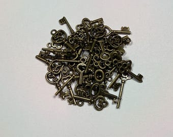 25 Mini assorted Keys, vintage look small brass look keys, craft supplies and miniatures, lucky keys