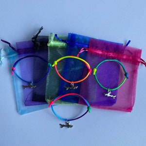 1 - 12 Rainbow SHARKS adjustable friendship bracelets with gift bags, party bag fillers, adjustable bracelets, shark lovers, loot bag filler
