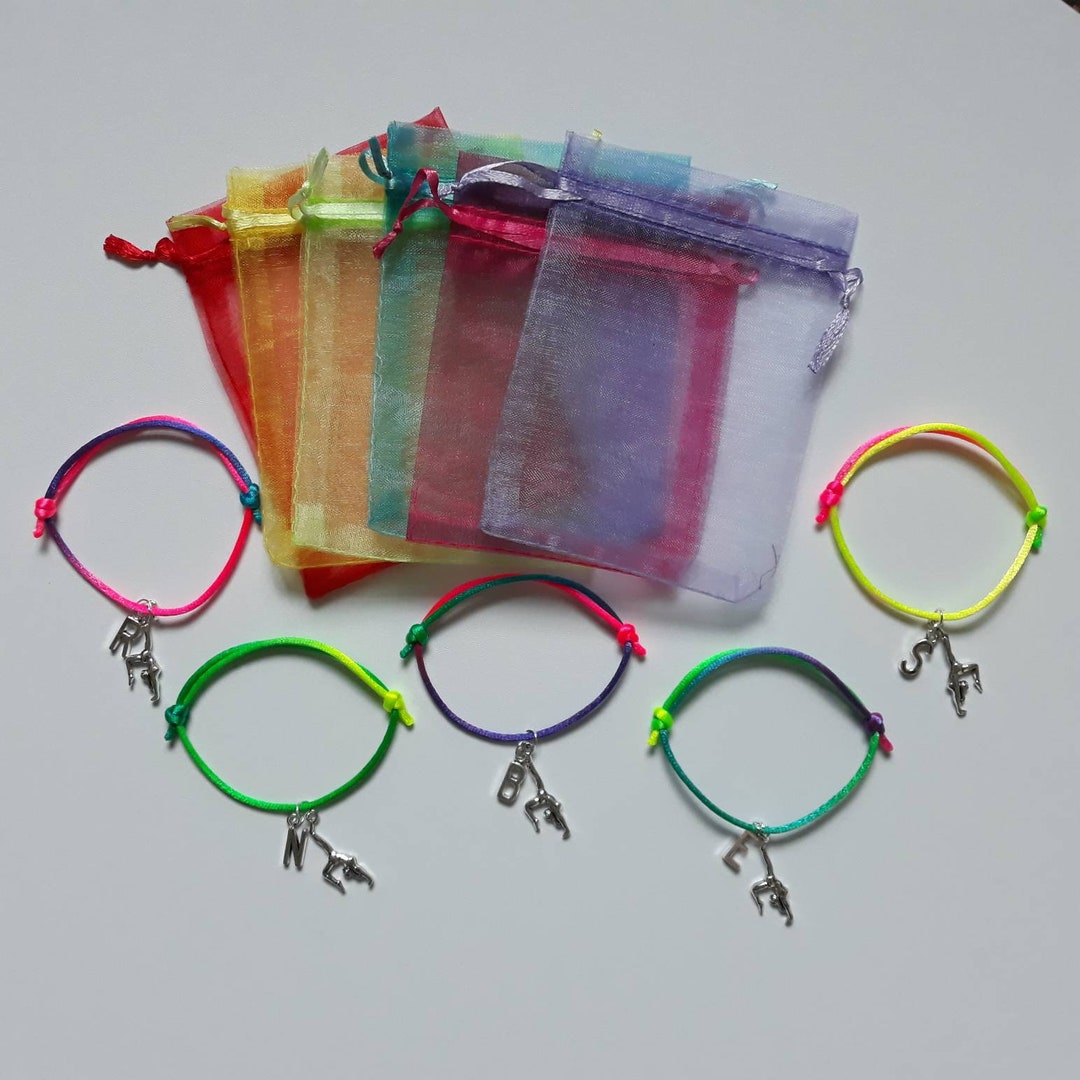 130 Personalised Gymnastics Rainbow Adjustable Friendship Bracelets With Gift Bags, Party Bag