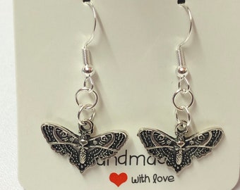 Silver MOTH earrings, dangly earrings, gothic moth, pierced ears, s925 plated hooks, Tibetan charms, gifts for her, silver jewellery, gothic