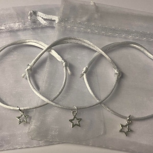 1 to 24 White stars adjustable friendship bracelets with charms, friend gift, with gift bags, party bag fillers, wedding favours, star gifts
