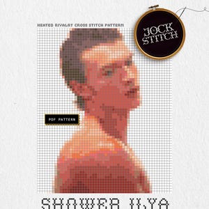 May include: A cross-stitch pattern titled "Shower Ilya" featuring a pixelated portrait of a person. The design includes 20 colors and requires 54 x 66 stitches. The text "Jock Stitch" is in a circular frame. The words "PDF Pattern" are also visible.