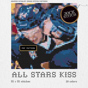 May include: Cross-stitch pattern titled "ALL STARS KISS" with a pixelated design in shades of blue, pink, and black. The pattern includes the text "PDF PATTERN" and the logo "JOCK STITCH". The design is 55 x 55 stitches and uses 20 colors.