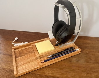 Desk Organizer, Wireless Charging Station QI for iPhone X Xs 11 12 13, Headphone Stand, Desktop Organizer, Dock, Smartphone Holder, Oak