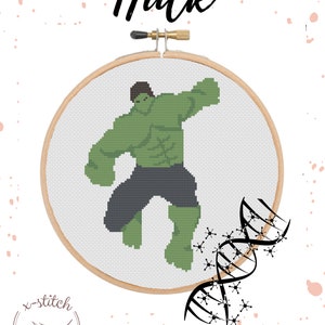 May include: A cross-stitch embroidery hoop featuring the Hulk in green and gray. The word "Hulk" is written above the design in black script. The design includes a DNA strand and the text "x-stitch BY NIC".