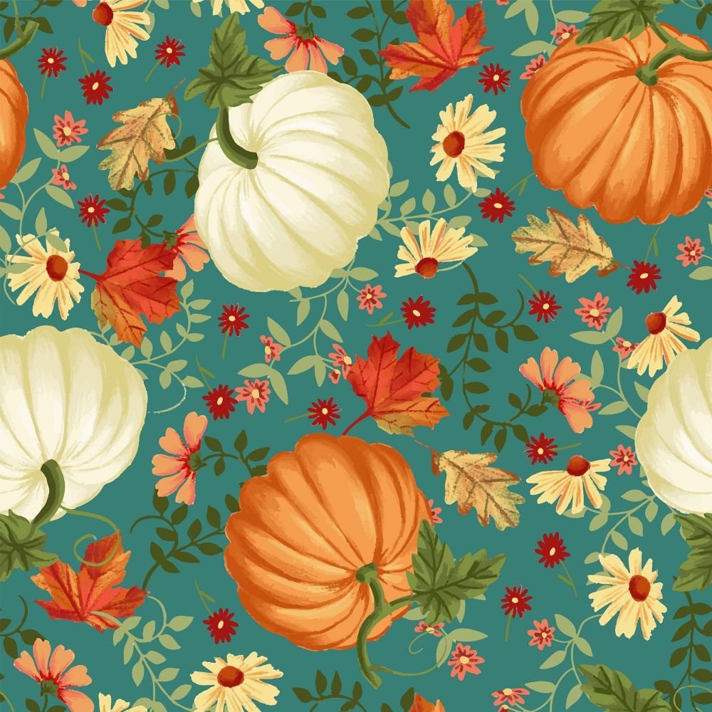 Fall fabric by the yard pumpkins teal orange cotton quilting Etsy