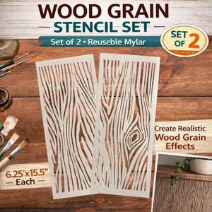 May include: A wood grain stencil set with two reusable mylar stencils. Each stencil measures 6.25 x 15.5 inches. The stencils create realistic wood grain effects. The set includes the text "WOOD GRAIN - STENCIL SET - Set of 2 - Reusable Mylar".