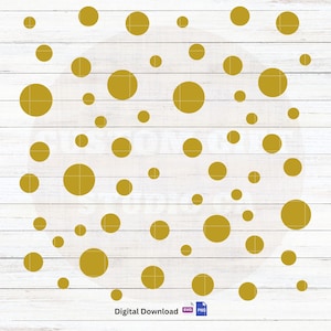 May include: Digital download graphic featuring a pattern of gold-colored circles of varying sizes scattered across a white wooden background. The text "Digital Download" is at the bottom.