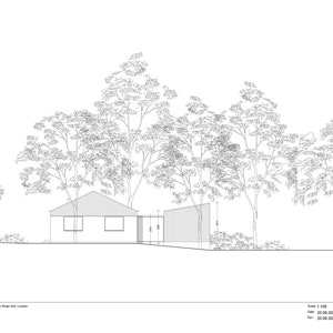 May include: A black and white line drawing of a house with a fence and trees. The drawing is labeled "Facade West A02" and includes the text "archworks".