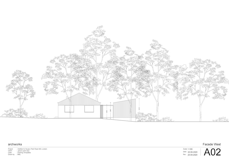 May include: A black and white line drawing of a house with a fence and trees. The drawing is labeled "Facade West A02" and includes the text "archworks".