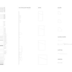 May include: A black and white line drawing of a kitchen and bathroom, beds, doors, and a section of a building. The drawing includes various details such as cabinets, sinks, beds, and windows.