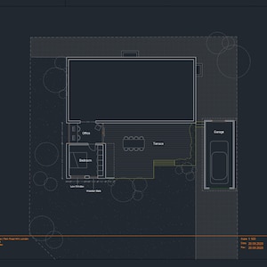 May include: A black and white floor plan of a house with a garage, bedroom, office, and terrace. The plan is labeled "Floor Plan A01".
