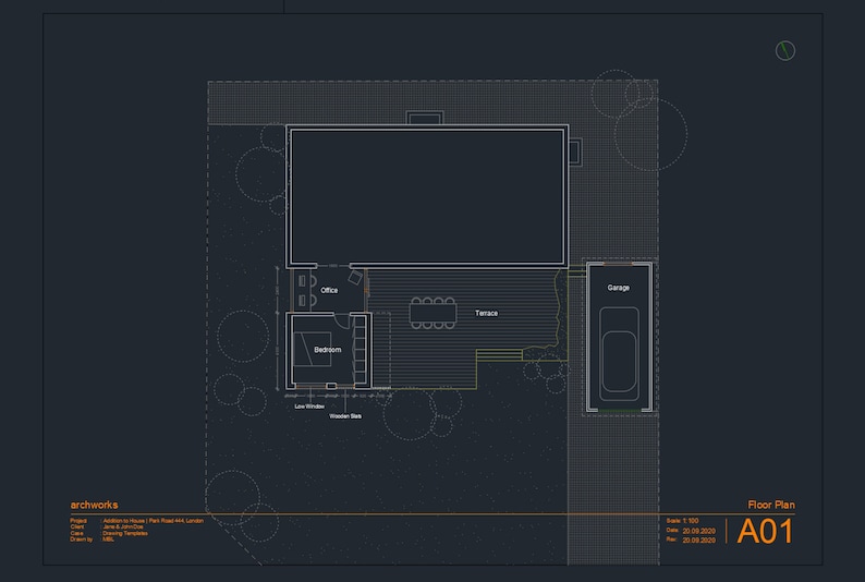 May include: A black and white floor plan of a house with a garage, bedroom, office, and terrace. The plan is labeled "Floor Plan A01".