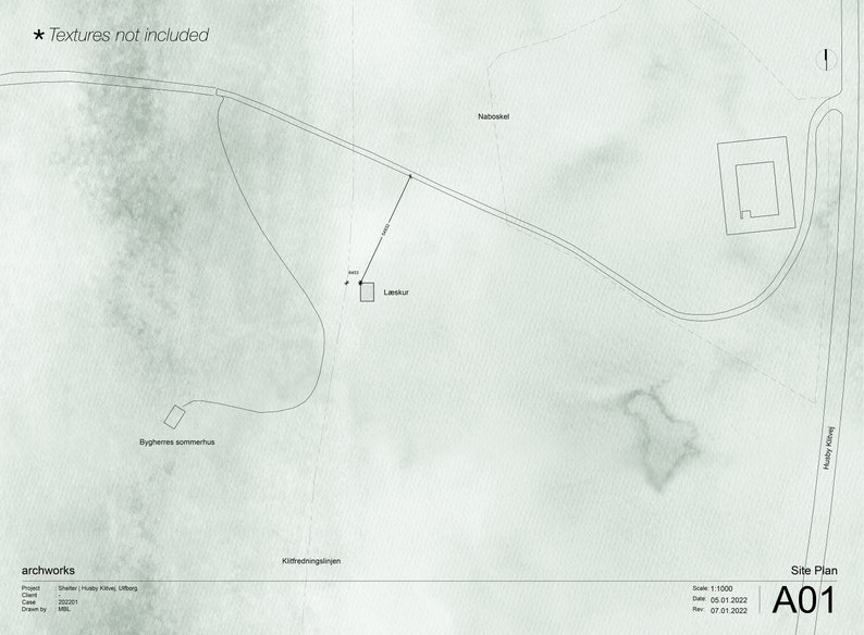 May include: A black and white site plan with a light green background. The plan shows the layout of a property with buildings, roads, and a small lake. The text "Textures not included" is in the top left corner. The text "Site Plan A01" is in the bottom right corner.