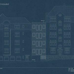 May include: A blueprint drawing of a building facade with a north facing view. The drawing is labeled "Facade North A05" and includes the text "Textures not included".