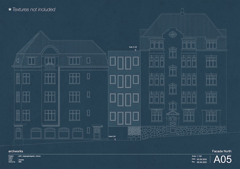 May include: A blueprint drawing of a building facade with a north facing view. The drawing is labeled "Facade North A05" and includes the text "Textures not included".