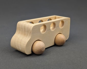 Mini Roller 'School Bus' Handmade Natural Wooden Toy Car - Montessori Hardwood Toddler Play Vehicle