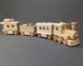 Handmade Hardwood Steam Train Toy: Montessori Toddler Vehicle with Passengers