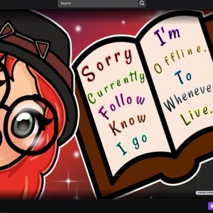 Op de afbeelding: Een cartoonillustratie van een persoon met rood haar en een bril die om een hoek gluurt. De persoon houdt een boek open met de tekst "Sorry, ik ben offline, volg me wanneer ik live ben."