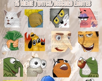 May include: A set of 15 digital meme emotes for Twitch and Discord. The emotes feature popular internet memes, including a cat, a dog, a cartoon character, and a frog. The emotes are available in three sizes: 28x28, 56x56, and 112x112 pixels.