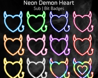 Badge Twitch Bit a forma di cuore di diavolo al neon / Badge Twitch per abbonati al neon luminosi / Badge Twitch Bit / Badge a forma di cuore al neon / 12 badge Twitch per abbonati/Bit