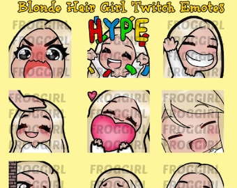 May include: A collection of nine cartoon emotes featuring a blonde-haired girl with various expressions. The emotes include expressions of anger, excitement, joy, and love, with the word "HYPE" in colorful letters in one of the emotes.
