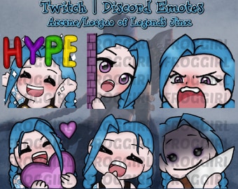 May include: A set of six digital emotes featuring a cartoon character with blue hair and different expressions. The emotes are labelled "HYPE", "Peek", "Angry", "Love", "Happy", and "Psycho".