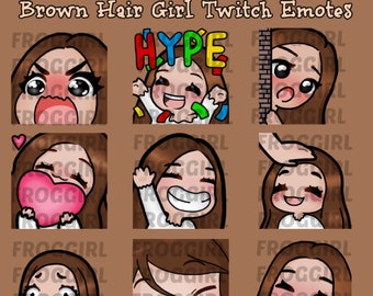 Op de afbeelding: Een verzameling van negen Twitch-emotes met een bruinharig meisje dat verschillende emoties uitdrukt. De emotes tonen uitdrukkingen van woede, opwinding, verlegenheid, liefde en vreugde. De tekst "Brown Hair Girl Twitch Emotes" staat bovenaan.