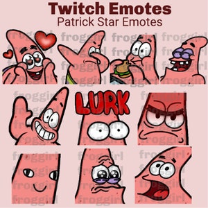 May include: A set of nine Twitch emotes featuring Patrick Star from Spongebob Squarepants. The emotes show Patrick in various expressions, including happy, surprised, angry, and sad. The text "Lurk" is featured in one of the emotes.