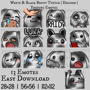 13x Cute Black and White Bunny Emote Pack | Rabbit | Kawaii | Twitch | Discord | Youtube