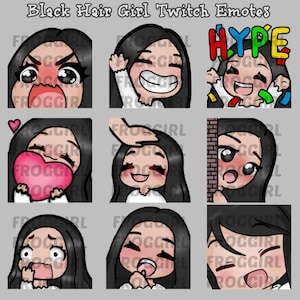 Black Hair Black Eyes | Girl Twitch Emotes | Black Hair Girl Twitch Emotes | 9 Twitch/Discord Emotes
