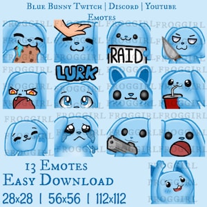 13x Cute Blue Bunny Emote Pack | Rabbit | Kawaii | Twitch | Discord | Youtube
