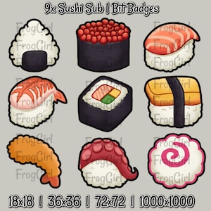 9x Sushi Onigiri Sub/Bit Badges | Twitch | Cheer | Kawaii | Cute