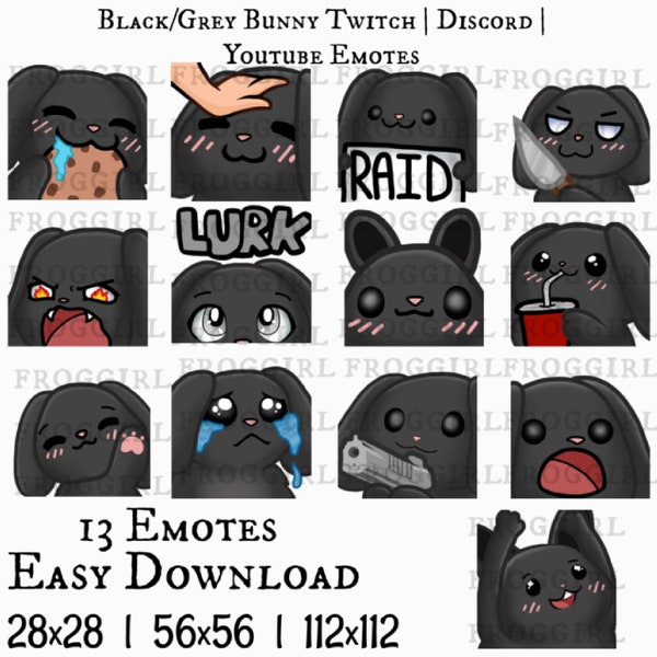 13x Cute Black/Gray/Grey Bunny Emote Pack | Rabbit | Kawaii | Twitch | Discord | Youtube