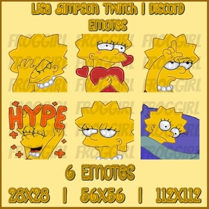 May include: Six animated emojis featuring Lisa Simpson from The Simpsons. The emojis are in a grid format with a yellow background. The emojis include Lisa with her hand over her face, Lisa holding a heart, Lisa with her finger to her temple, Lisa with a hype text bubble, Lisa with a skeptical expression, and Lisa in bed. The text "HYPE" is in red and orange. The text "28X28 | 56X56 | 112X112" is in gold.