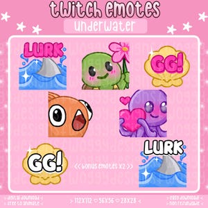 May include: A set of digital Twitch emotes with an underwater theme, featuring a shark fin in blue waves labeled LURK, a green turtle holding a pink flower, a yellow seashell labeled GG!, an orange fish, and a purple octopus holding a pink heart.