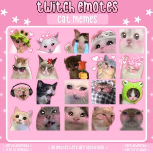 May include: A digital collection of twenty cat-themed Twitch emotes arranged in a grid on a pink background. The images feature various cats with expressive faces, including crying, angry, and happy expressions, some wearing hats or accessories.