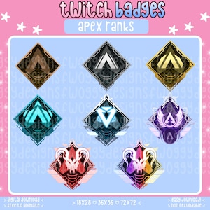 Peut inclure: Un ensemble de huit badges numériques Twitch représentant les icônes de rang Apex Legends en forme de losange. Les rangs incluent bronze, argent, or, platine, diamant, maître et deux variantes prédateur. Le texte "twitch badges" et "apex ranks" est en haut.