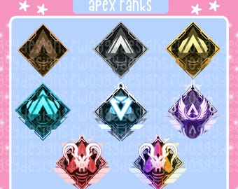 Może przedstawiać: Zestaw ośmiu cyfrowych odznak Twitch z ikonami rang Apex Legends w kształcie rombów. Rangi obejmują brąz, srebro, złoto, platynę, diament, mistrza oraz dwa warianty predatora. Tekst "twitch badges" i "apex ranks" znajduje się na górze grafiki.