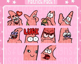 以下が含まれることがあります： Twitch用のパトリック・スターの絵文字10個セットのデジタル画像。愛、食事、潜伏、怒りなどの様々な表情が描かれています。ピンクを基調としたグラフィックには「twitch emotes」と「PATRICK PACK 1」の文字があり、白い星のアクセントが添えられています。