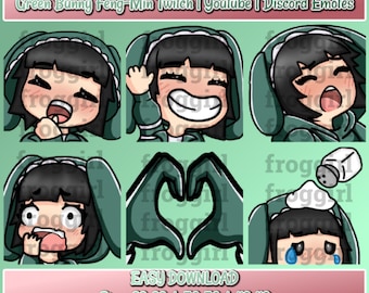 May include: Set of six green and black animated emotes featuring a cartoon character with a green bunny hood. The emotes include expressions like laughing, smiling, heart hands, crying, and surprised. The text "Dead By Daylight Green Bunny Feng-Min Twitch | Youtube | Discord Emotes" is at the top of the image.