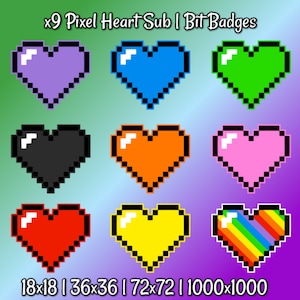 9x Pixel Heart Sub/Bit Badges | Twitch | Cheer | Kawaii | Cute | Youtube