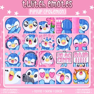 以下が含まれることがあります： Twitch用のPiplupキャラクターエモート20種類のデジタルコレクション。花を持ったり、ヘッドホンを装着したり、UR SO CUTEやRAIDと書かれた看板を持ったりするなど、様々な表情やポーズの青いペンギンが描かれています。