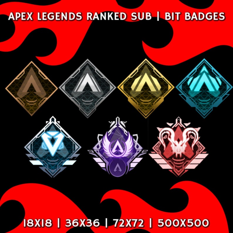 Pu&ograve; includere: Una collezione di badge Apex Legends Ranked Sub Bit in oro, argento e blu. I badge presentano un design stilizzato a 'V' all'interno di un diamante. L'immagine include anche testo che indica diverse dimensioni, come 18x18 e 36x36.