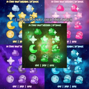 May include: A collection of digital badges featuring celestial designs, including moons, stars, and clouds, in various colors. The text "XII STARRY NIGHT SUBSCRIBER | BIT BADGES" is displayed at the top. The image also includes the text "5 DIFFERENT COLOURS! (CHECK OTHER IMAGES)".