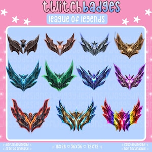 May include: A collection of eleven League of Legends rank badges displayed on a light blue background. The badges feature various wing-like designs in metallic colors including bronze, silver, gold, emerald, blue, purple, red, and multi-colored gradients.