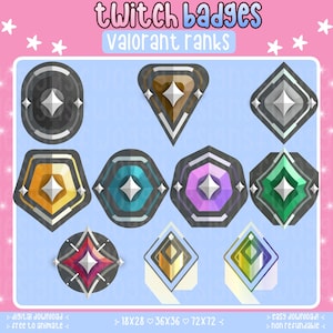 Peut inclure: Une collection de badges Twitch numériques représentant les rangs Valorant dans diverses formes géométriques et couleurs, incluant des designs circulaires, triangulaires, pentagonaux et en losange avec une étoile centrale.