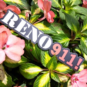 May include: A black and white sticker with the text "Reno 911!" in white letters on a black background. The sticker is placed on a bed of green and yellow leaves with pink flowers.