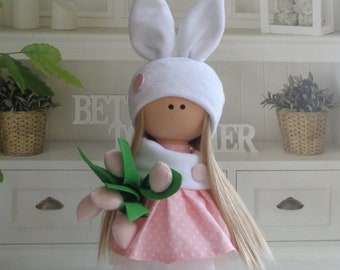 Bunny Decor Doll, Doll with Flowers, Interior Cloth Doll, Nursery Gift Doll, Decoration Doll, Fabric doll Cloth doll personalized