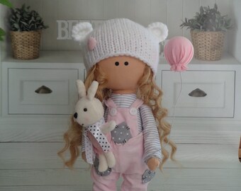 Birthday Gift Doll Handmade, Interior Doll, Fabric Art Doll, Textile Pink doll